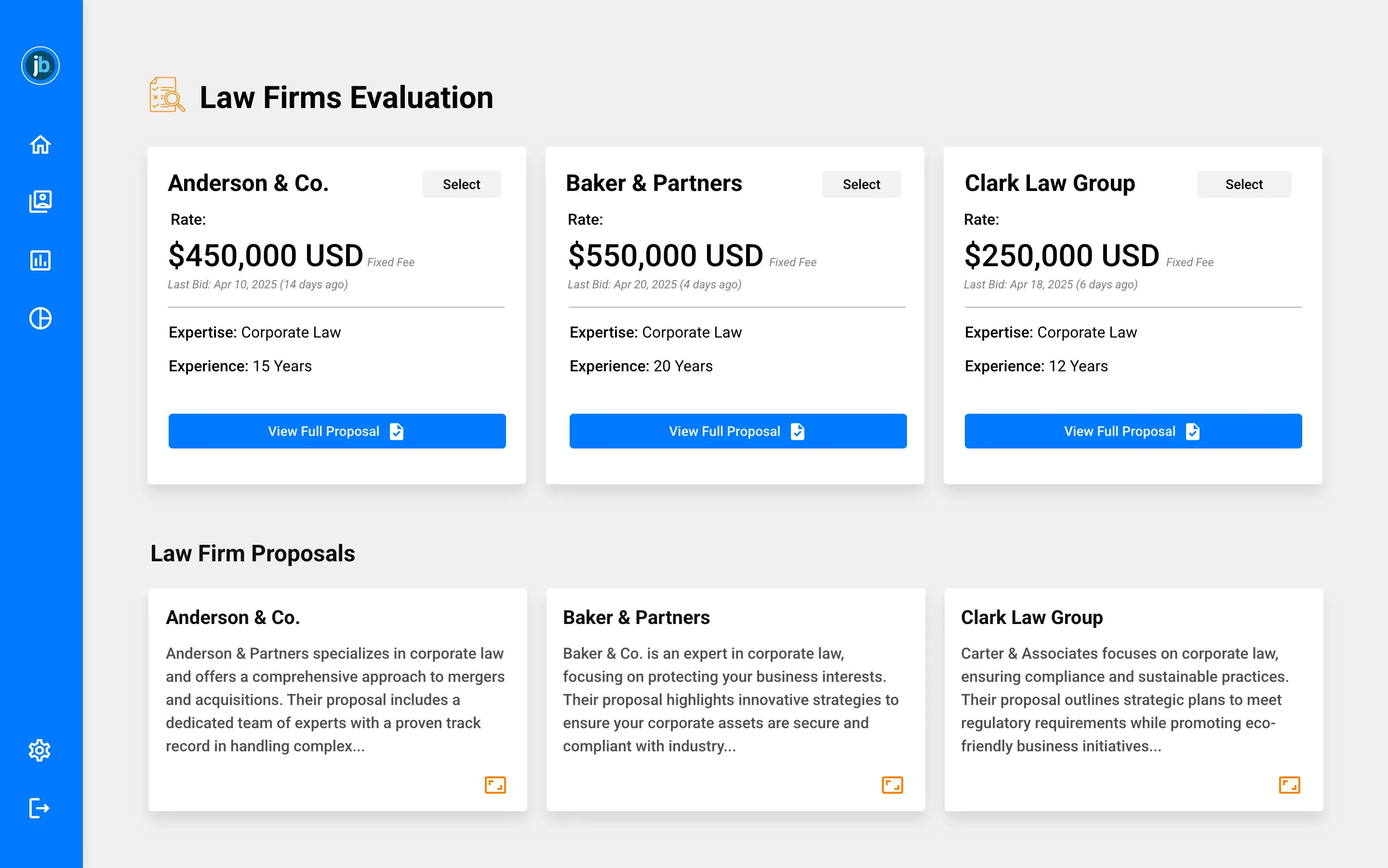 Justice Bid sourcing and RFP evaluation screen