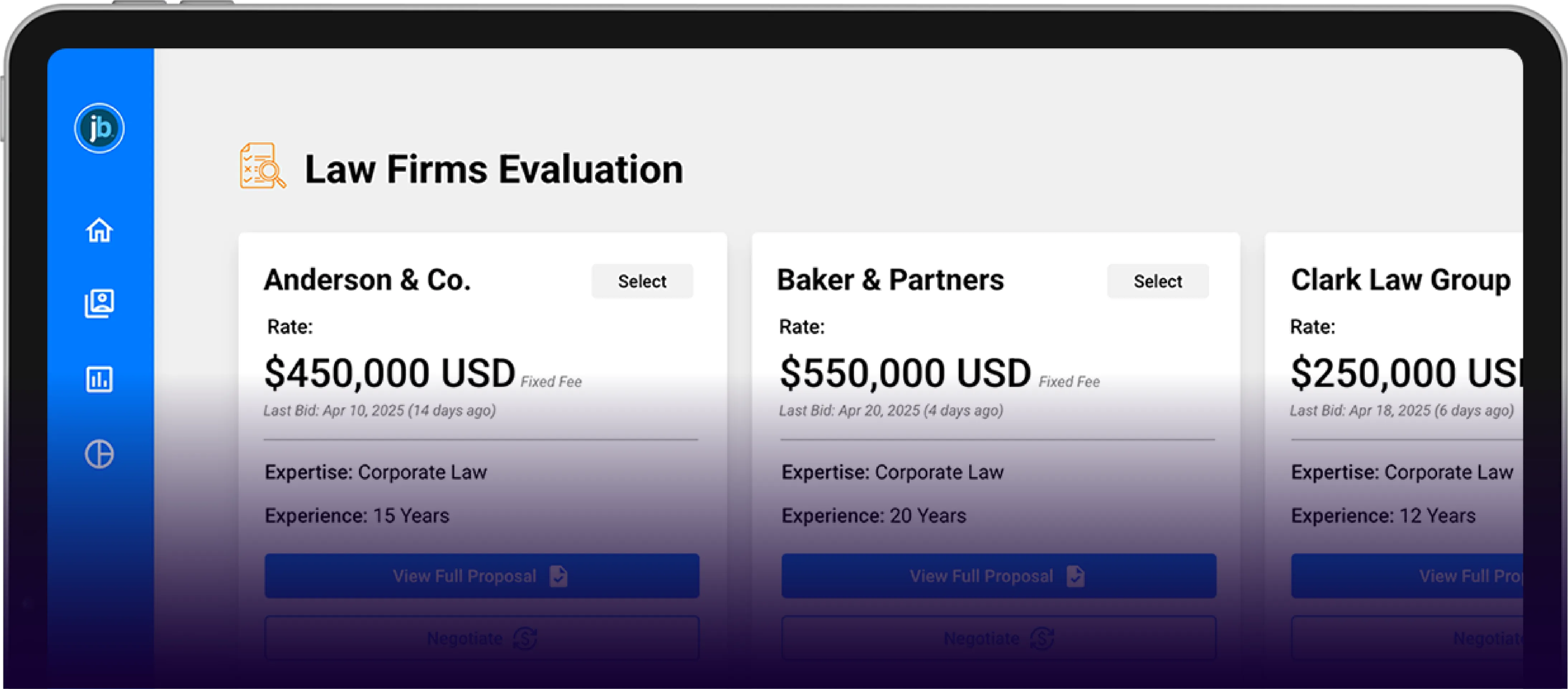The Justice Bid platform shown on a tablet