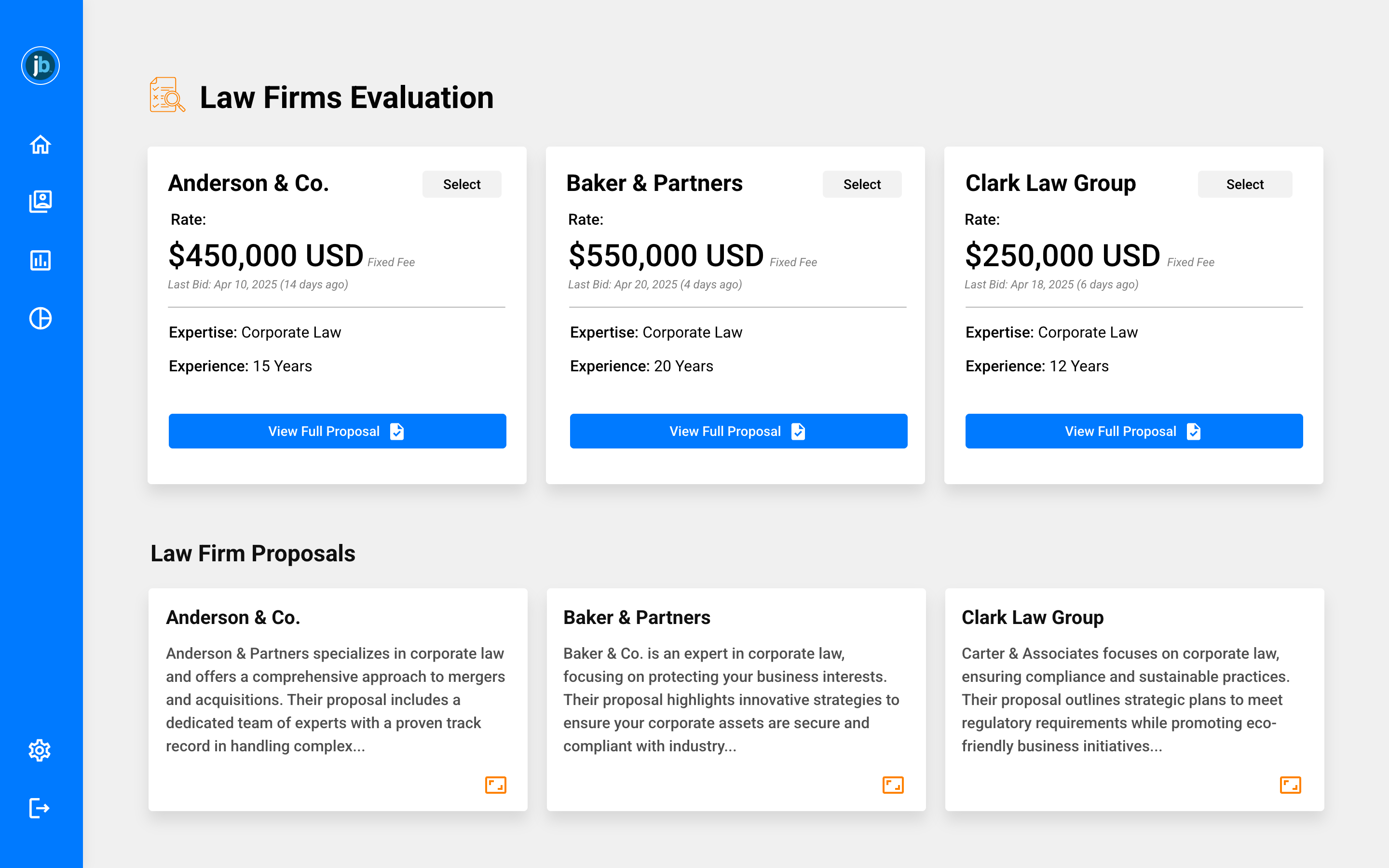 Justice Bid sourcing and RFP evaluation screen